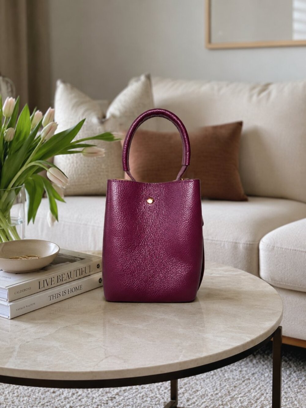 Burgundy Italian Leather Bucket Bag, Genuine Leather Handbag, Suede Detail Purse